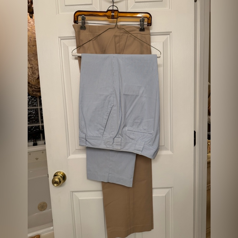 Talbots Woman 2 Pair:light blue/white stripe casual pants AND Tan slacks 12W